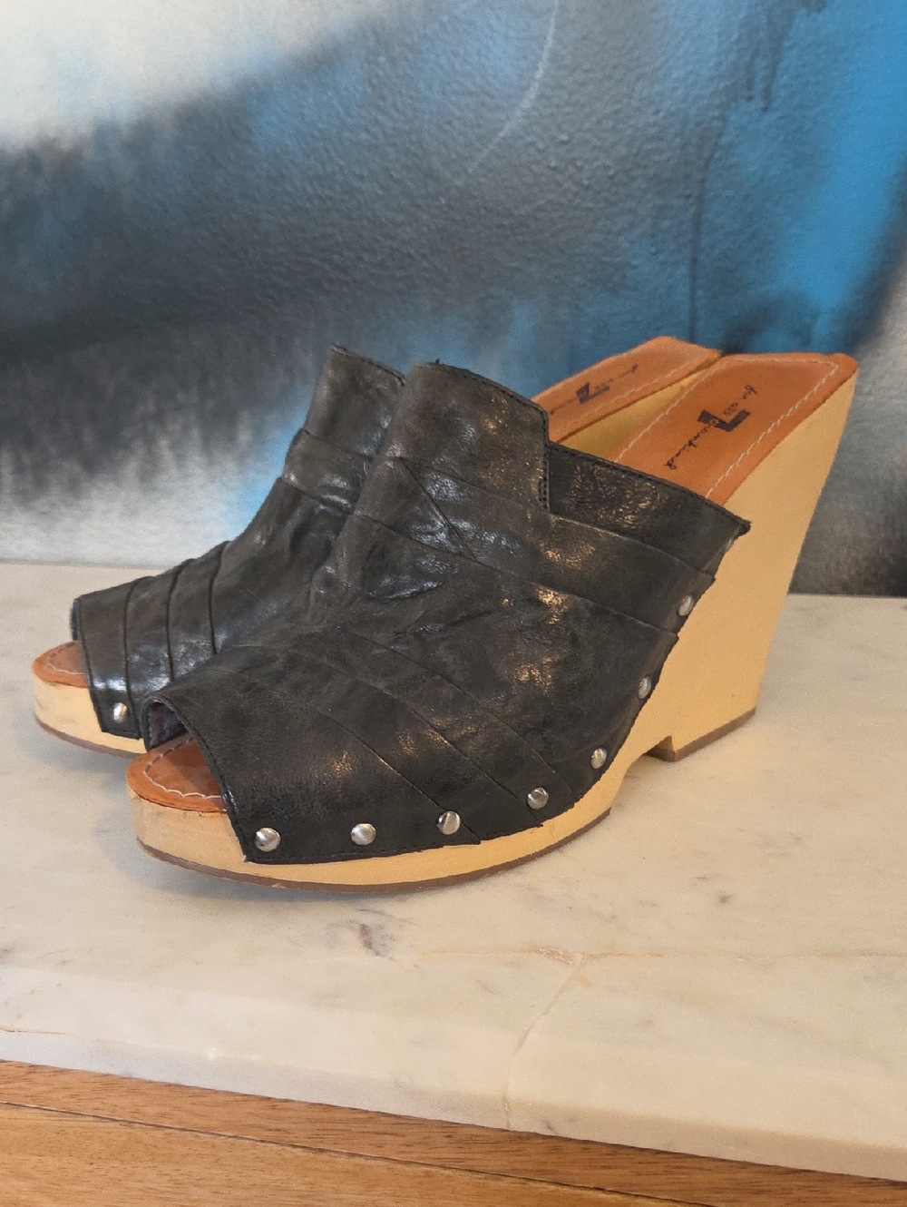 7 For All Mankind Navy Leather Studded Wooden Wedge Clogs